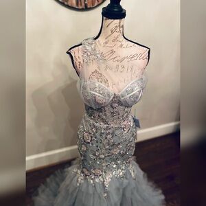 Sage green mermaid ruffle prom dress formal gown or nontraditional wedding dress